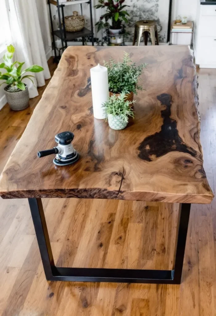Best Time to Decorate Your Home with 25 Unique DIY Furniture Ideas 2 DIY live edge wood table with natural grain and black metal legs in a cozy modern room