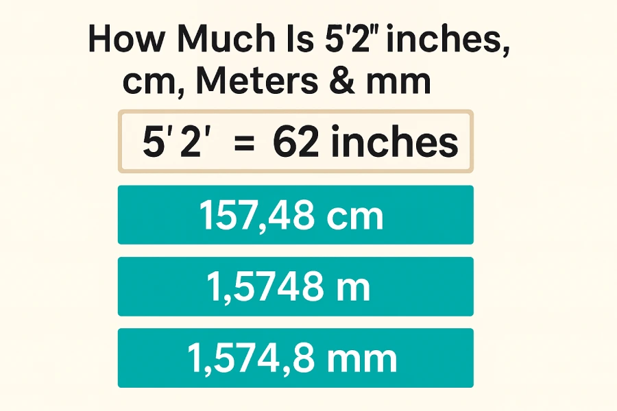 Feature image showing the conversion of 5 feet 2 inches into 62 inches, 157.48 centimeters, 1.5748 meters, and 1,574.8 millimeters.
