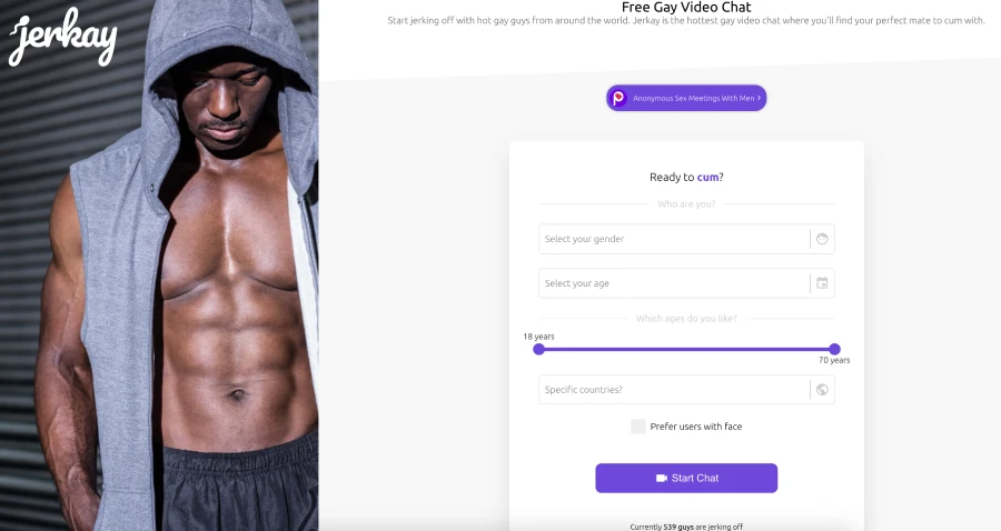 Jerkay homepage showing free gay video chat interface with anonymous form and muscular man on left banner.