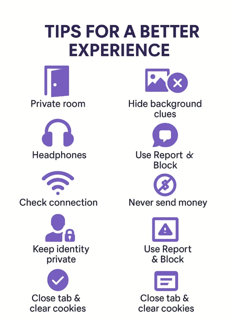Infographic With Tips For A Better Jerkay Experience: Private Room, Hide Background Clues, Headphones, Check Connection, Keep Identity Private, Use Report And Block, Never Send Money, Close Tab And Clear Cookies.