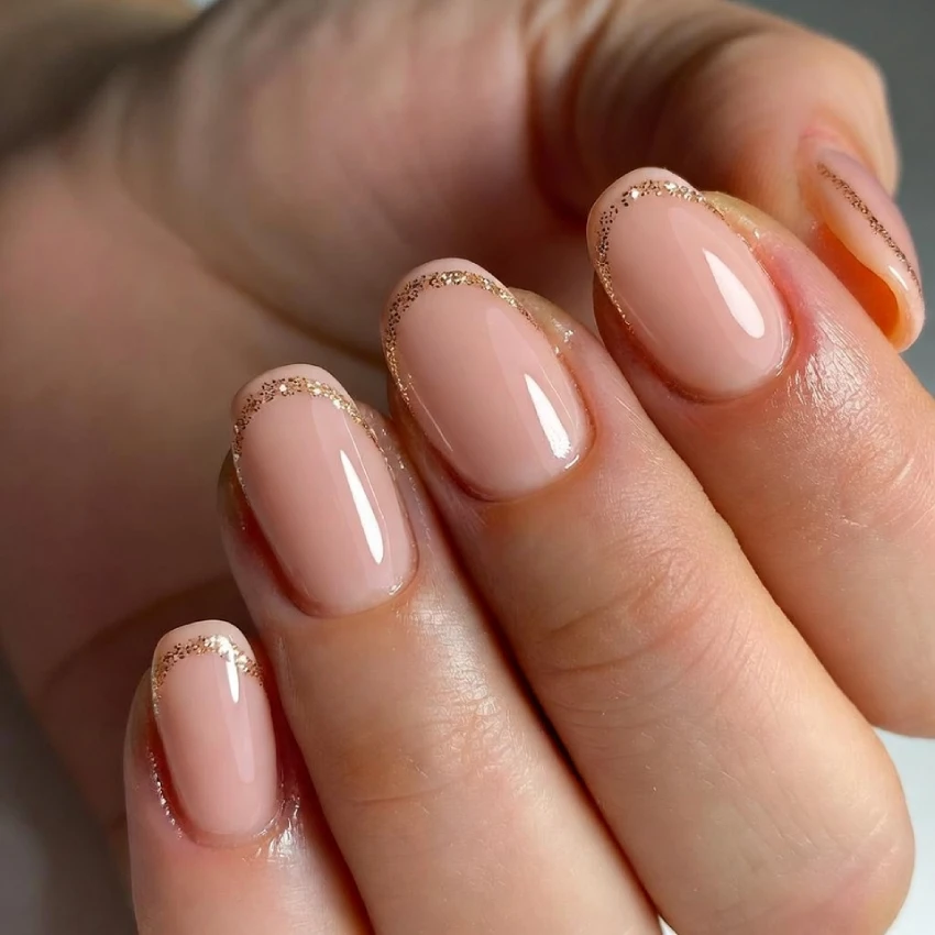 Close-up of nude nails with gold glitter outline French tips, glossy finish, and elegant feminine design.
