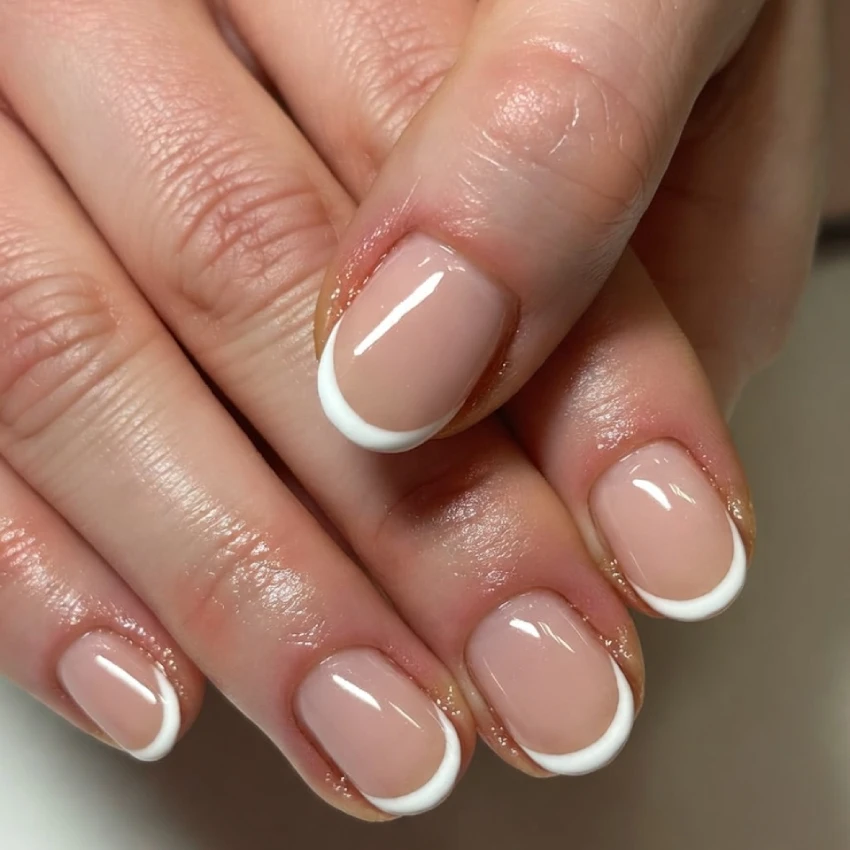 Close-up of short French tip nails with a thin white line and a nude glossy base, showing a simple and elegant manicure.