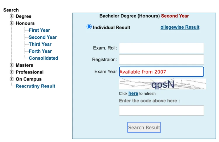 Honours 2nd Year Result