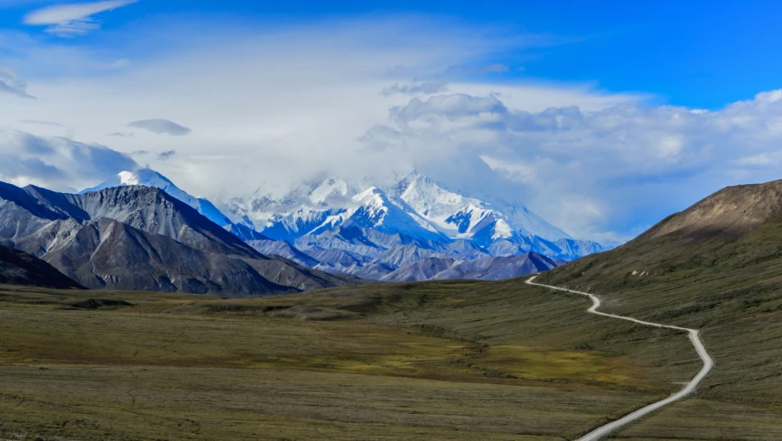 Scenic road leading through Denali National Park with snow-capped Mount Denali in the background under a partly cloudy sky.