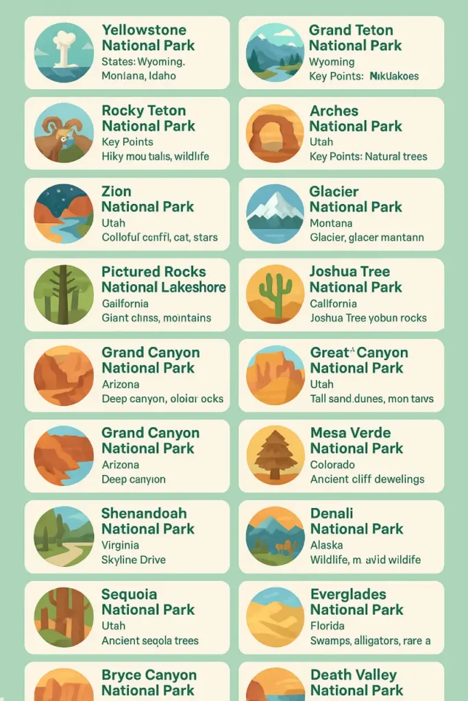 Infographic listing the 22 best US national parks to visit in 2025, including Yellowstone, Grand Teton, Zion, Grand Canyon, and more with icons and key highlights.