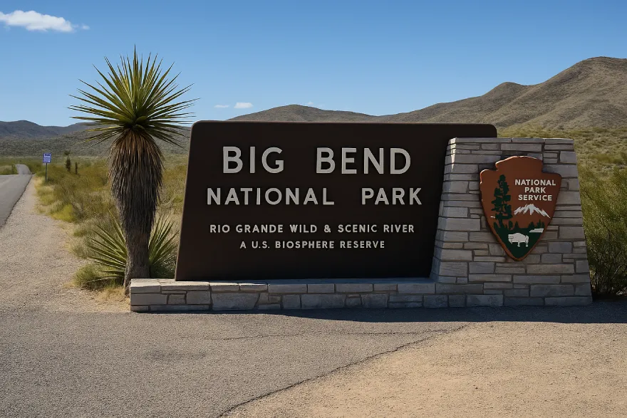 Big Bend National Park entrance sign in Texas desert with yucca plant, stone base, and scenic mountain backdrop.