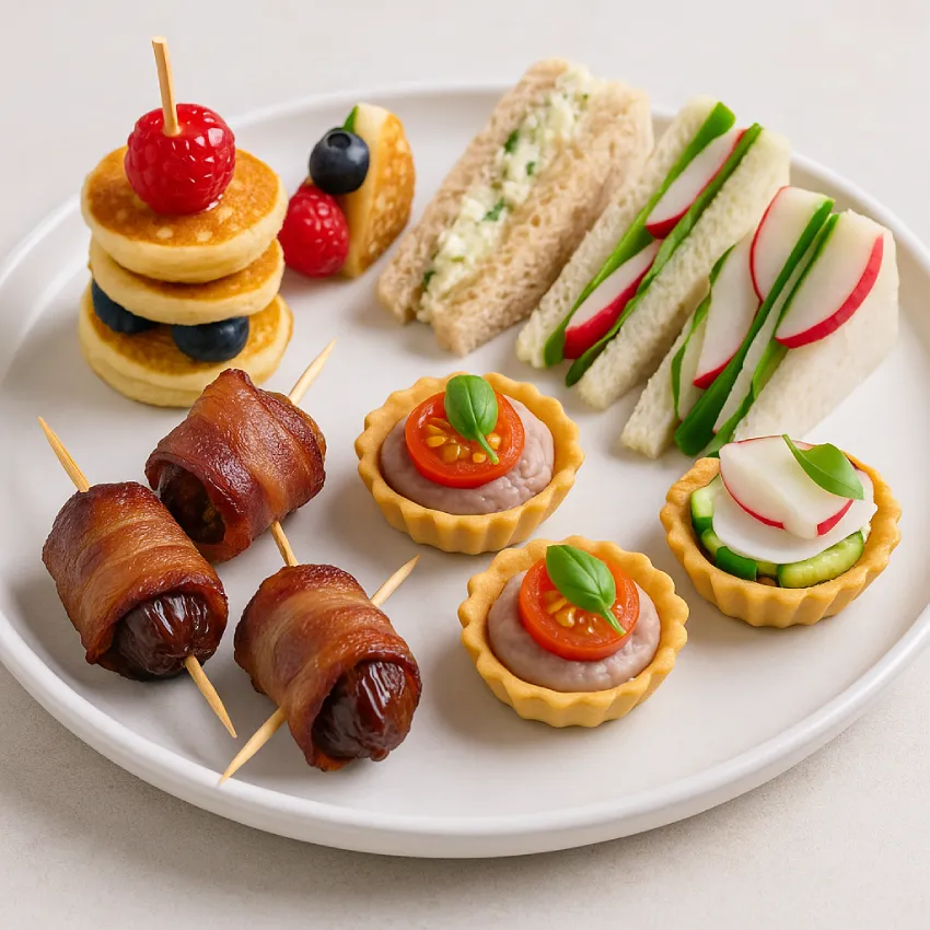 A plate featuring bridal shower finger foods: bacon-wrapped dates on toothpicks, colorful veggie tartlets, assorted tea sandwiches with cucumber and radish, and bite-sized pancake stacks with fresh berries.