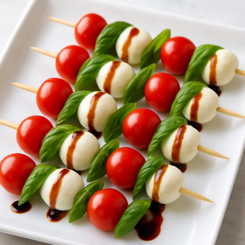Caprese skewers with cherry tomatoes, mozzarella balls, and fresh basil leaves drizzled with balsamic glaze, neatly arranged on a white plate.