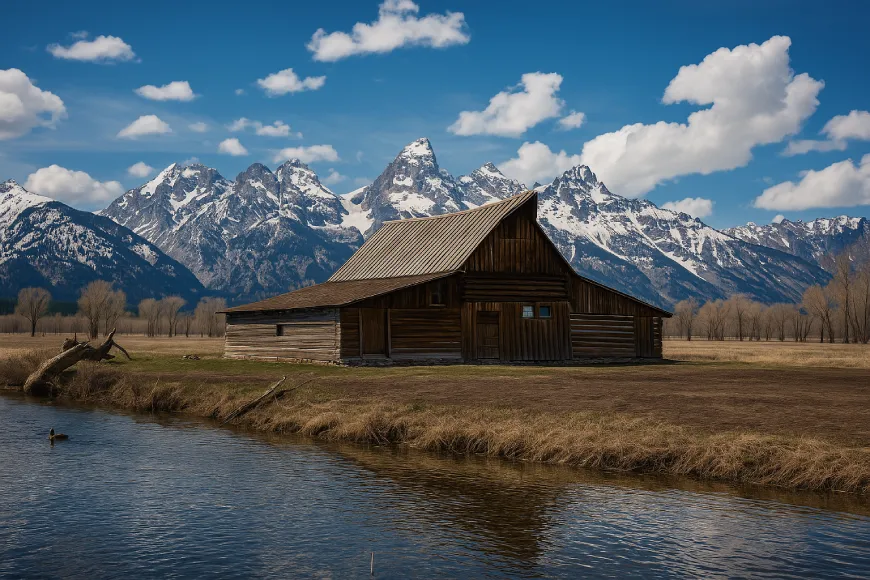 A rustic wooden barn in Grand Teton National Park with snow-capped mountains in the background and a calm river in the foreground.