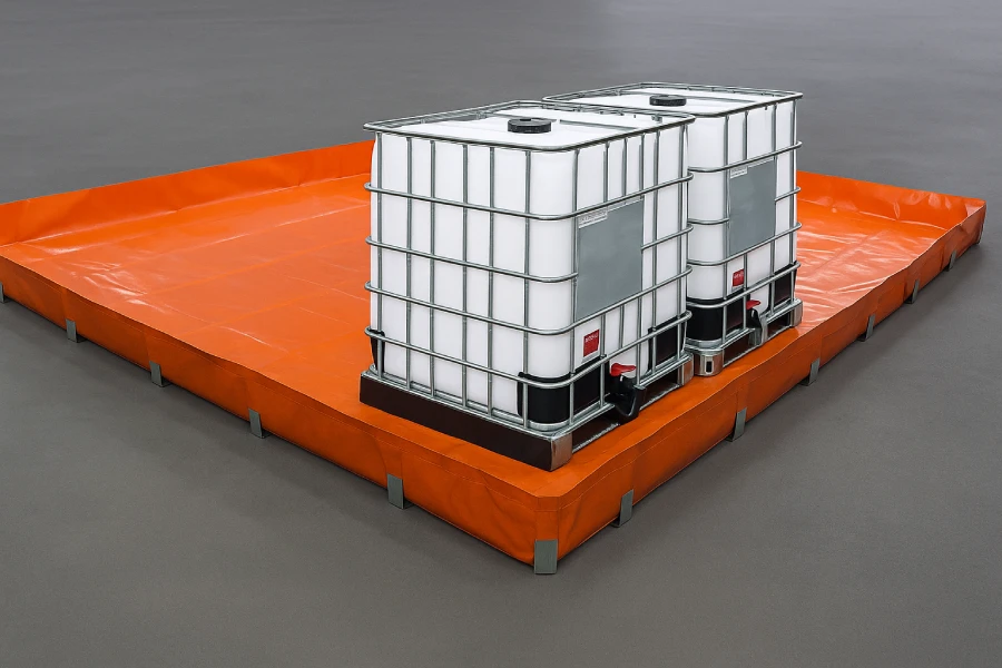 High-resolution image of two IBC containers placed on an orange spill containment berm in an industrial setting