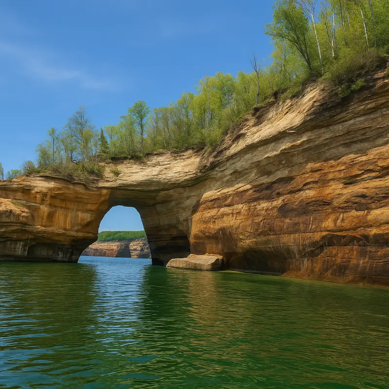 Natural sandstone arch at Pictured Rocks National Lakeshore in Michigan with calm green water and trees above the cliff.