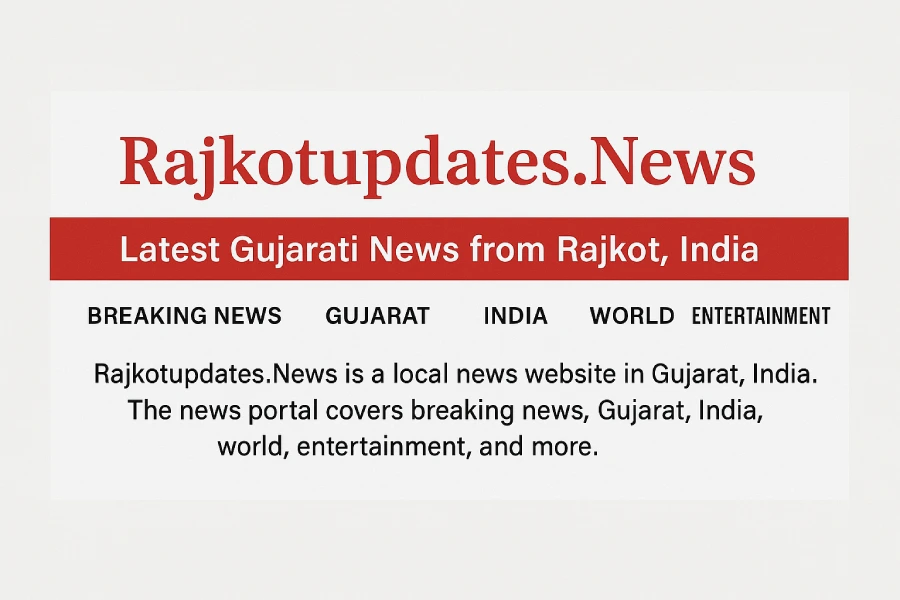 RajkotUpdates.News homepage banner showing latest Gujarati news categories from Rajkot, India