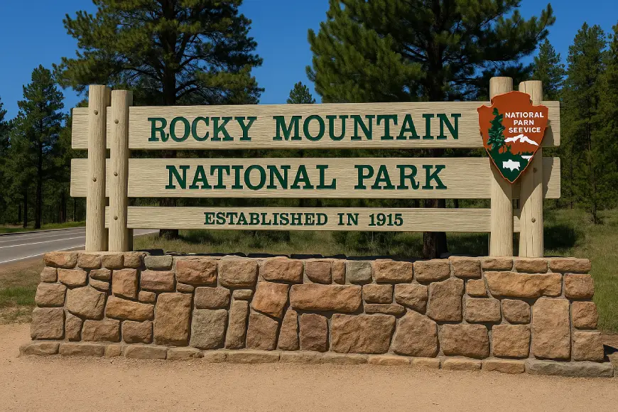 Entrance sign to Rocky Mountain National Park with stone base and forest background, established in 1915.