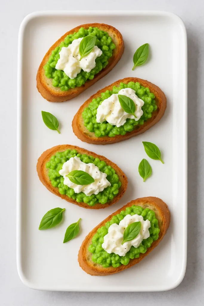 Smashed pea crostini topped with creamy burrata and fresh basil leaves, arranged on a white rectangular plate.