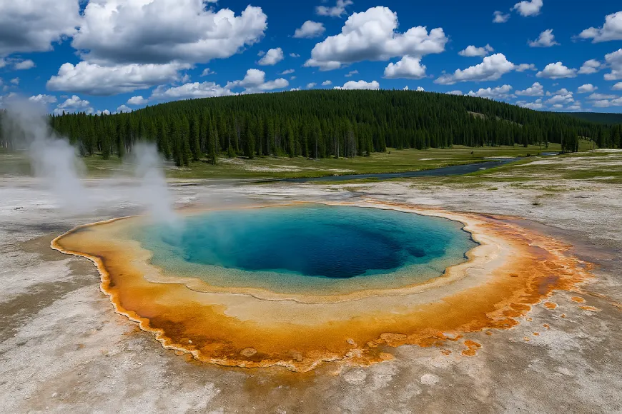 A colorful hot spring in Yellowstone National Park with steam rising, surrounded by orange mineral deposits, forest, and a bright blue sky.