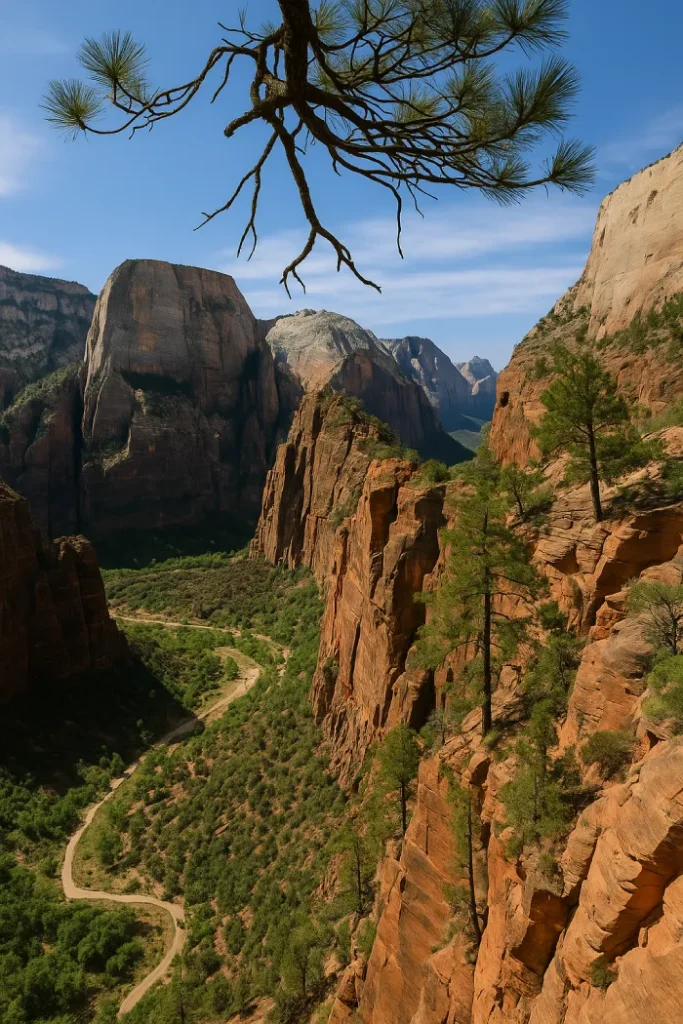 cenic canyon view from Zion National Park with steep red rock cliffs, pine trees, and winding trail under a clear blue sky.