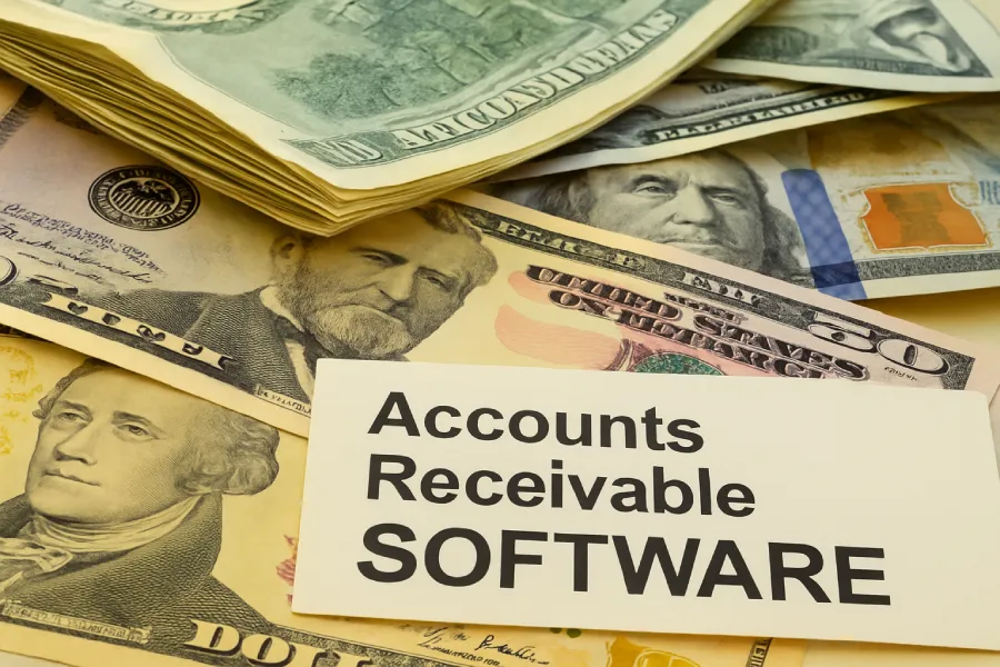 A stack of US dollar bills with a prominent paper label reading “Accounts Receivable SOFTWARE,” representing financial management and cash flow.
