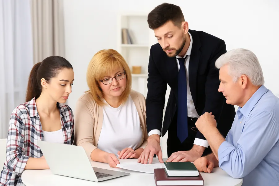 A diverse group of professionals discusses documents and strategy at a modern office table with a laptop and books, symbolizing teamwork and business planning.