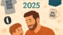 Illustration showing various popular Father’s Day gifts including sunglasses, smartwatch, gift box, photo album, Dutch oven, sneakers, and a coffee mug on an orange background with bold white text "Father’s Day Gift Ideas."