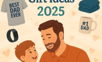 Illustration showing various popular Father’s Day gifts including sunglasses, smartwatch, gift box, photo album, Dutch oven, sneakers, and a coffee mug on an orange background with bold white text "Father’s Day Gift Ideas."