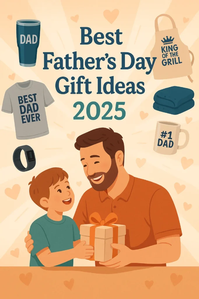 Illustration showing various popular Father’s Day gifts including sunglasses, smartwatch, gift box, photo album, Dutch oven, sneakers, and a coffee mug on an orange background with bold white text "Father’s Day Gift Ideas."