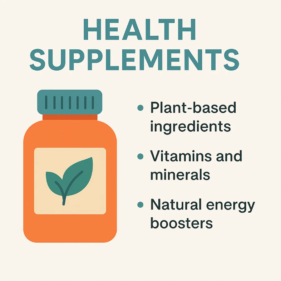 llustration of an orange supplement bottle with a green leaf label and bullet points listing “Plant-based ingredients,” “Vitamins and minerals,” and “Natural energy boosters” on a light background.