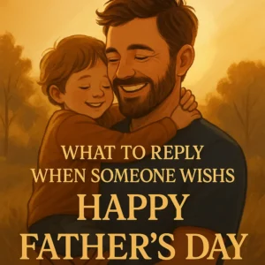 A cheerful illustration of a father hugging his child with the text “How to Reply to Father’s Day Wishes” displayed warmly.