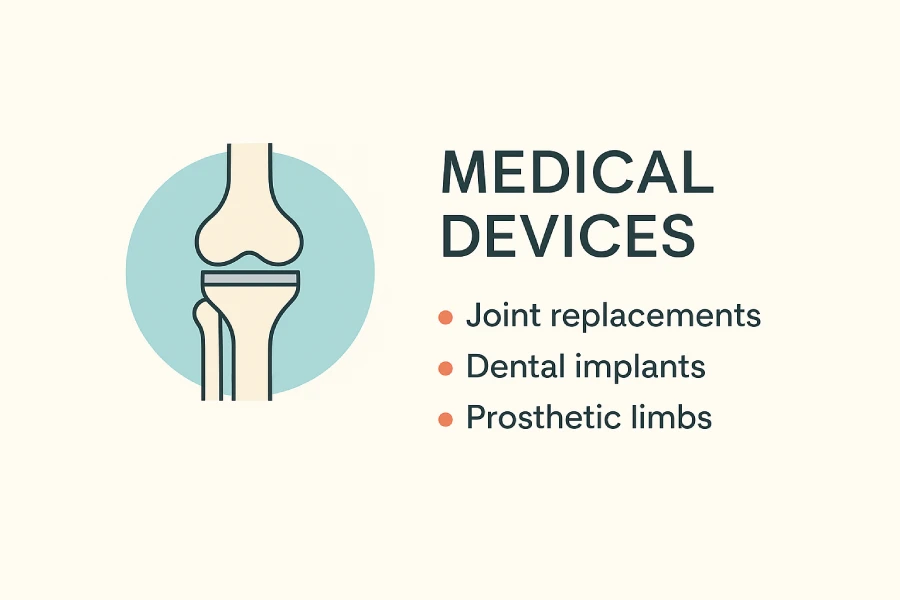 Flat-style illustration of a prosthetic knee joint with a list of medical devices including joint replacements, dental implants, and prosthetic limbs on a light background.