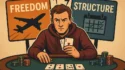 Illustration of a poker player holding cards at a poker table, facing signs labeled "Freedom" with an airplane and "Structure" with a calendar, symbolizing the tension between freedom and structure in a poker lifestyle.