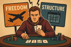 Illustration of a poker player holding cards at a poker table, facing signs labeled "Freedom" with an airplane and "Structure" with a calendar, symbolizing the tension between freedom and structure in a poker lifestyle.