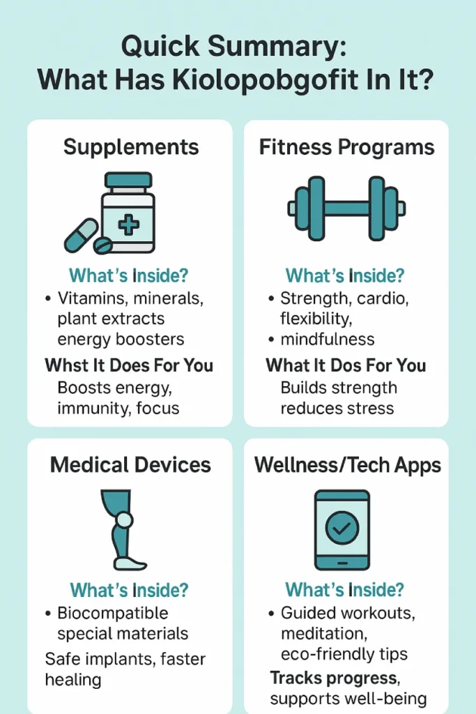 Infographic summarizing the key components of Kiolopobgofit including Supplements, Fitness Programs, Medical Devices, and Wellness/Tech Apps with icons and benefits.