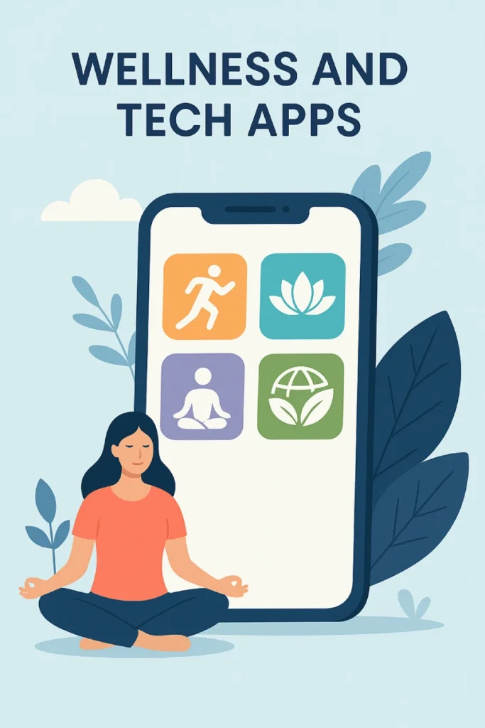 Digital illustration of a woman meditating next to a smartphone displaying wellness app icons including running, meditation, yoga, and eco-friendly lifestyle on a light blue background.