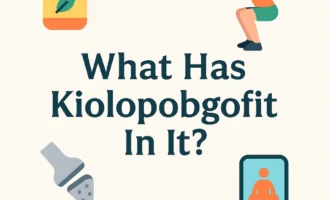 Colorful flat icons of supplement bottle, person exercising, prosthetic joint, and meditation app around the text "What Has Kiolopobgofit In It?" on a light background.