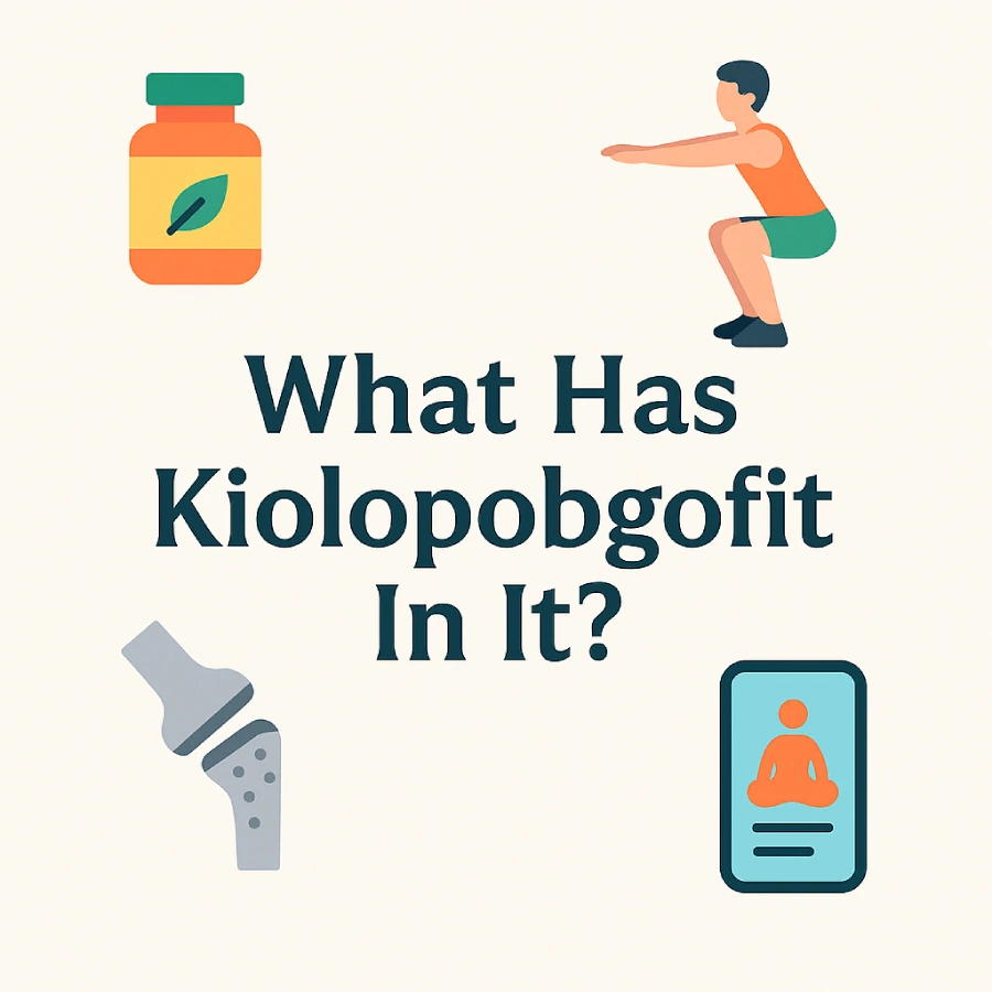Colorful flat icons of supplement bottle, person exercising, prosthetic joint, and meditation app around the text "What Has Kiolopobgofit In It?" on a light background.