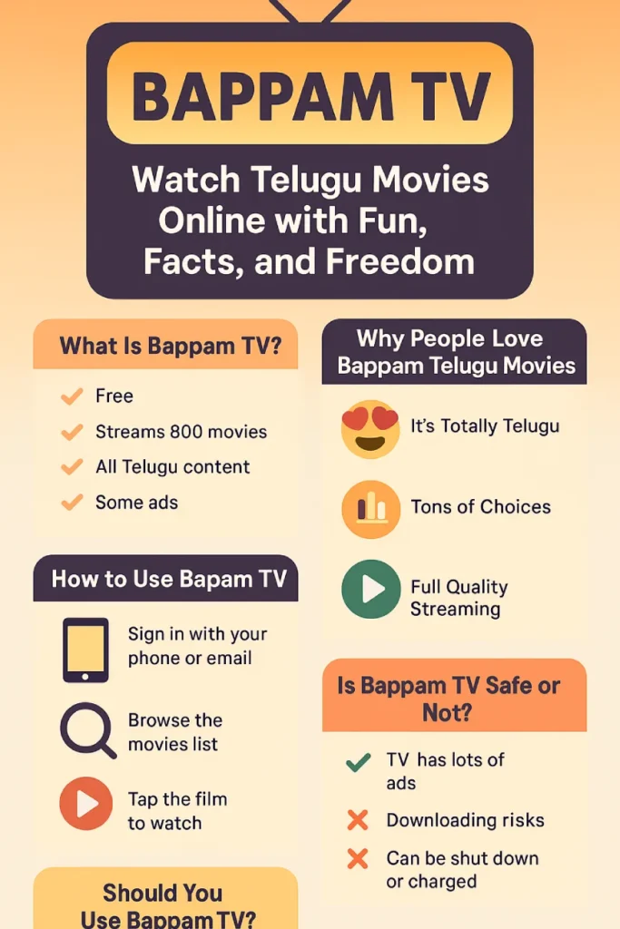 Infographic explaining how to watch Telugu movies on Bappam TV, including platform features, safety tips, and user instructions.