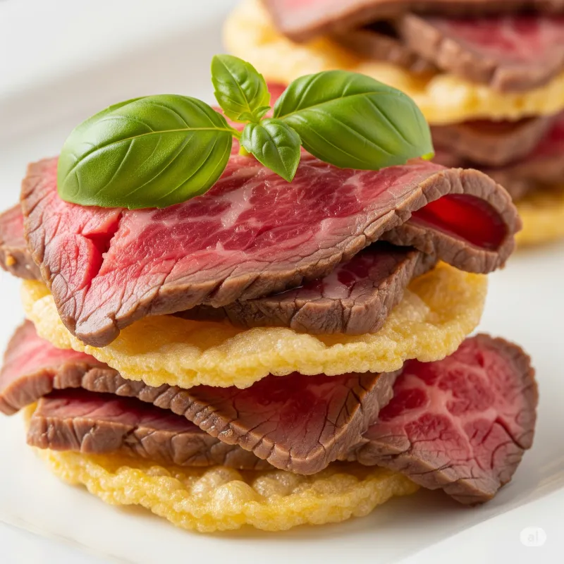 Thin slices of seared beef layered on crispy rice crackers and topped with fresh basil leaves, served as a bite-sized bridal shower appetizer.