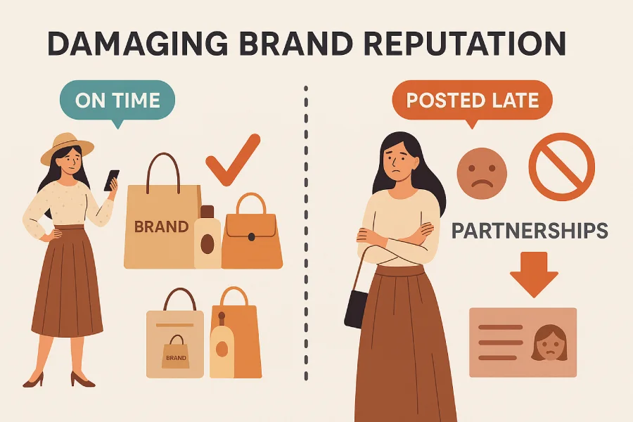 Infographic showing the effect of missed fashion blog deadlines on brand trust, featuring a broken handshake and disappointed collaborators.