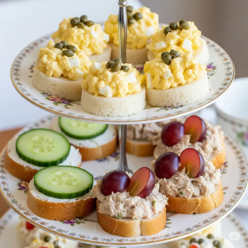 A tiered stand displaying delicate mini open-faced tea sandwiches, including cucumber with cream cheese, tuna salad topped with grape slices, and egg salad garnished with capers, on floral-printed china.