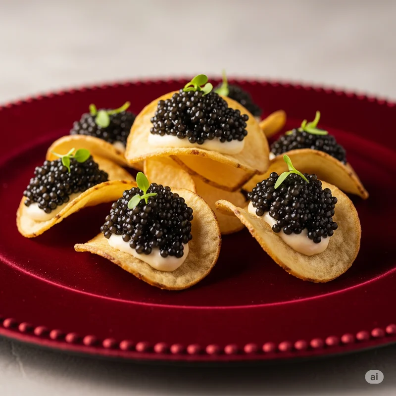 Potato chips topped with a dollop of cream and black caviar, garnished with microgreens, served on an elegant red plate.