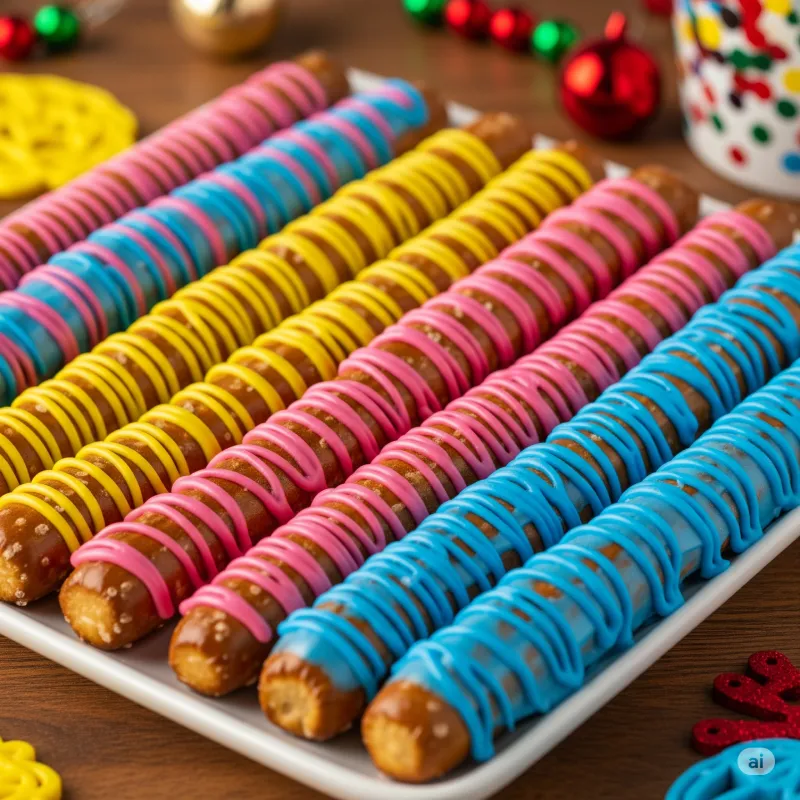 Rows of pretzel rods drizzled with bright blue, pink, and yellow icing, neatly arranged on a white tray with festive decorations in the background.