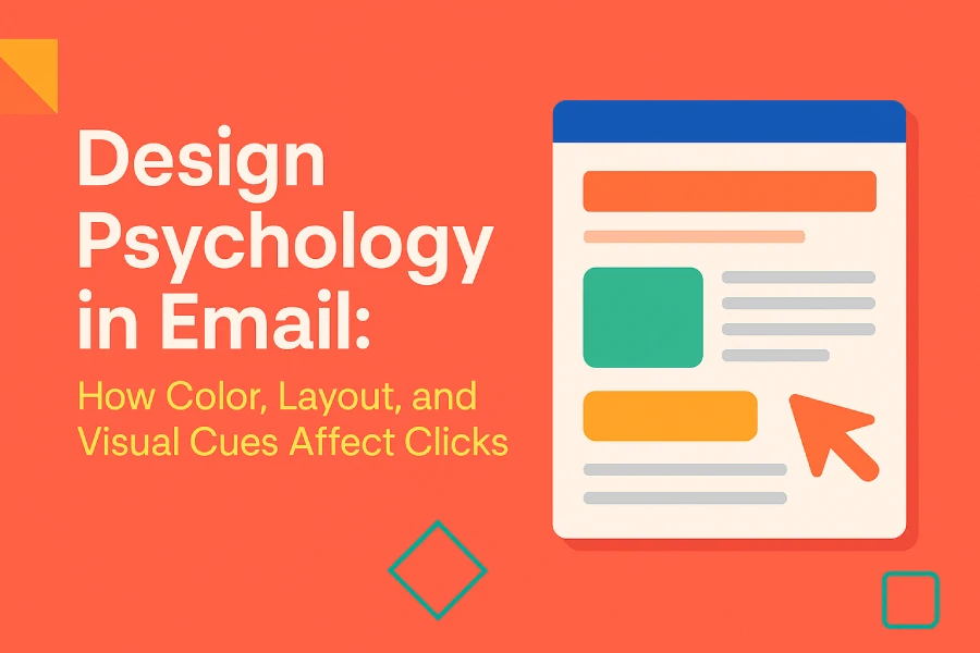 A 2D digital graphic titled "Design Psychology in Email" with colorful layout elements showing an email interface, CTA button, and visual cues like arrows and shapes to emphasize how design affects clicks.