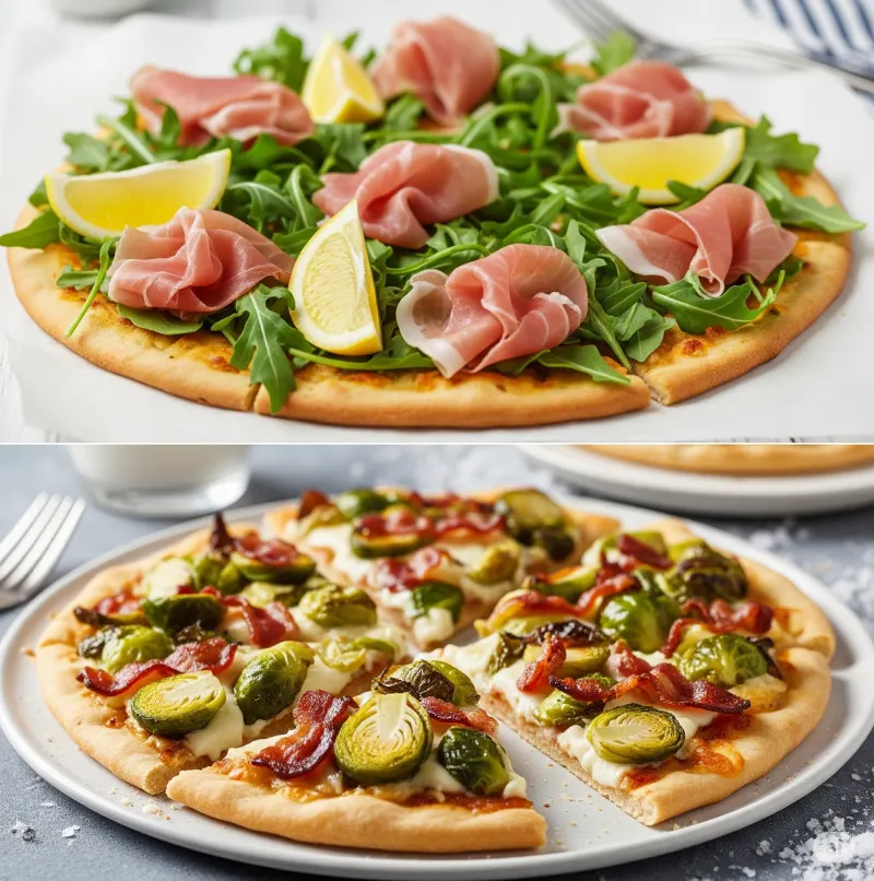 Two gourmet flatbreads: the top flatbread features prosciutto, arugula, and lemon wedges, while the bottom one is topped with Brussels sprouts and crispy bacon, both served on round white plates.