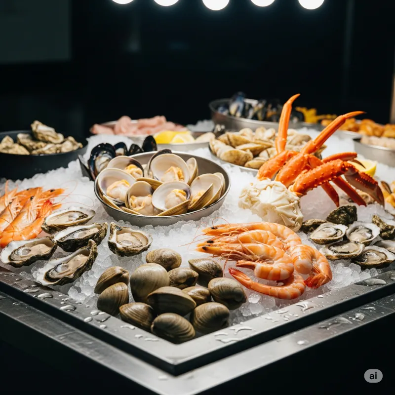 A raw bar with an assortment of fresh seafood on ice, including oysters, clams, shrimp, and crab legs.