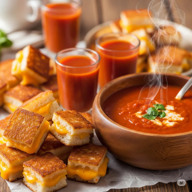 Grilled cheese bites and tomato soup shooters, a comforting and classic combination, perfect for lunch or dinner.