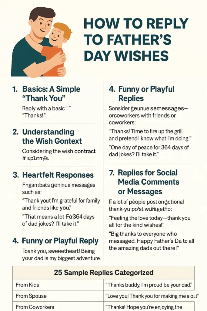 Infographic showing different ways to reply to Father’s Day messages, categorized by sender type with icons and short replies.