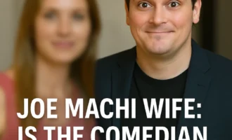 Comedian Joe Machi smiling beside a blurred woman with headline text asking if he is married.