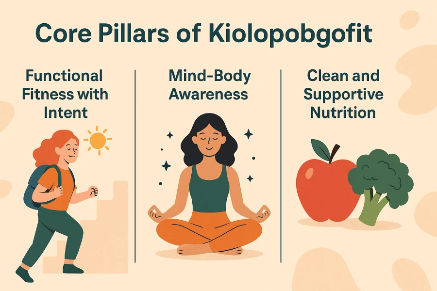 Infographic showing the three core pillars of Kiolopobgofit: functional fitness, mind-body awareness, and clean supportive nutrition.
