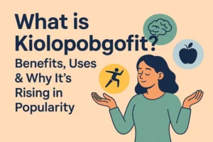 Illustration showing a person practicing Kiolopobgofit—combining light exercise, mindfulness, and balanced nutrition as part of a simple holistic wellness lifestyle in 2025.