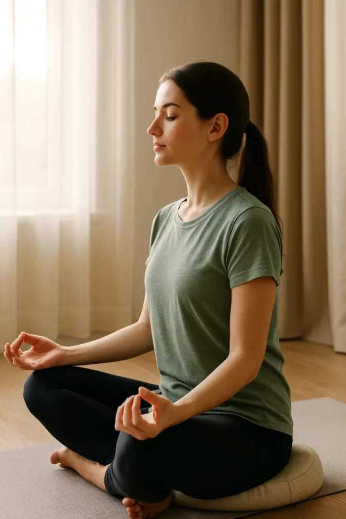 Young woman practicing morning meditation as part of the Kiolopobgofit wellness lifestyle, supporting calmness and focus.