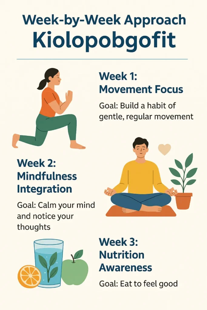 Infographic showing a 3-week beginner plan for starting Kiolopobgofit: Week 1 – movement focus, Week 2 – mindfulness, Week 3 – nutrition awareness.